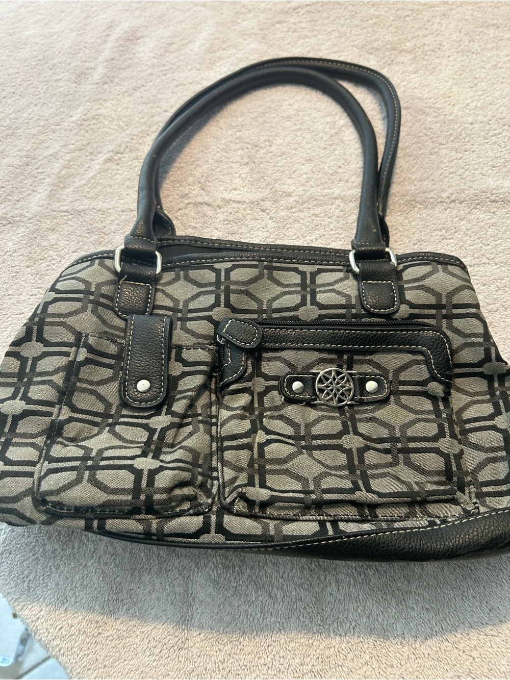Black Patterned Shoulder Tote with Front Zip Pocket